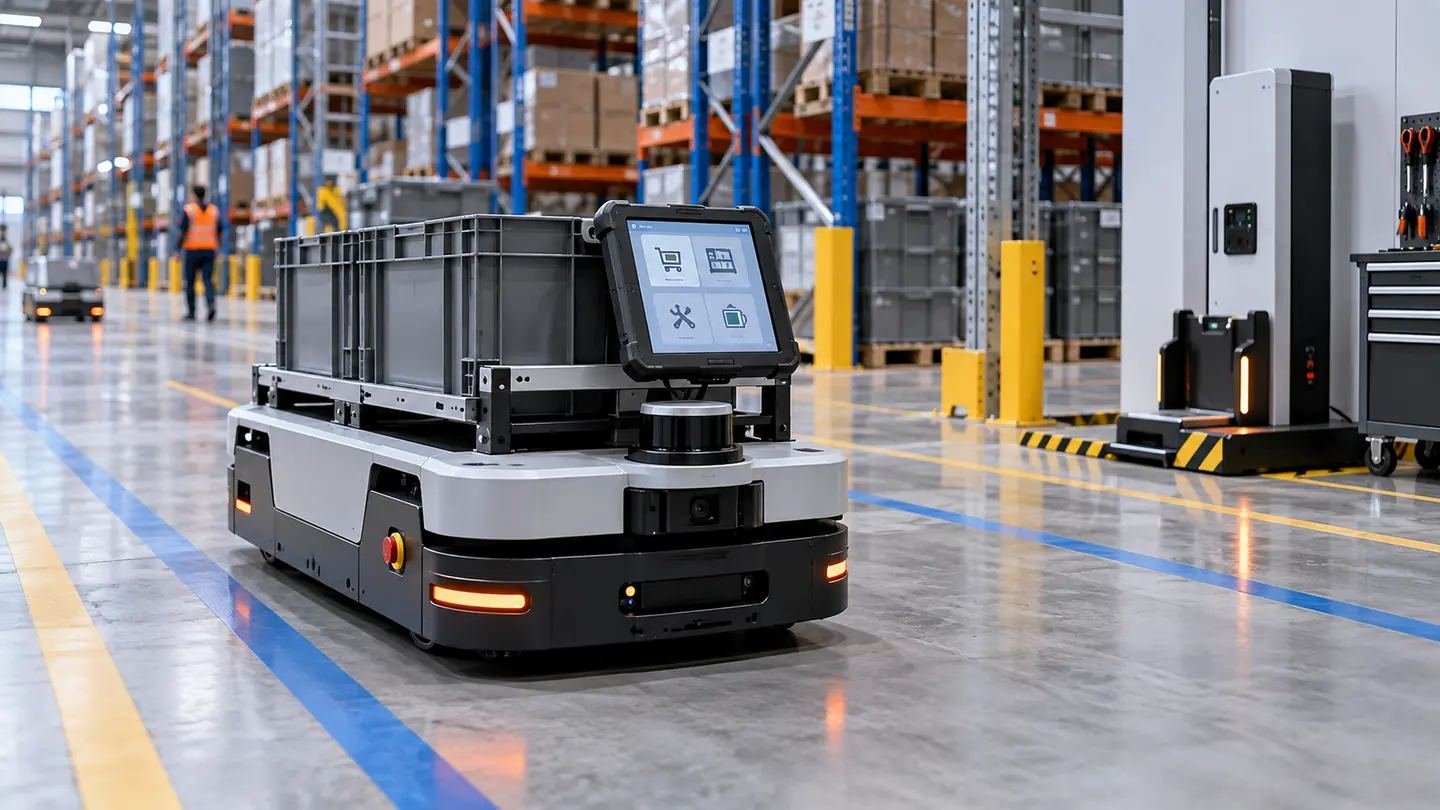 Industrial touchscreen panel PC installed on an autonomous mobile robot in a warehouse