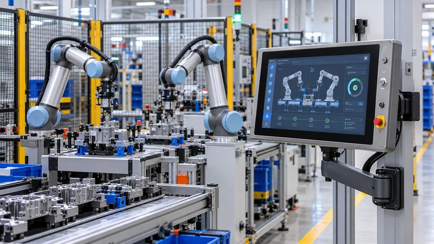 Industrial HMI panel PC controlling collaborative robot work cells on an assembly line