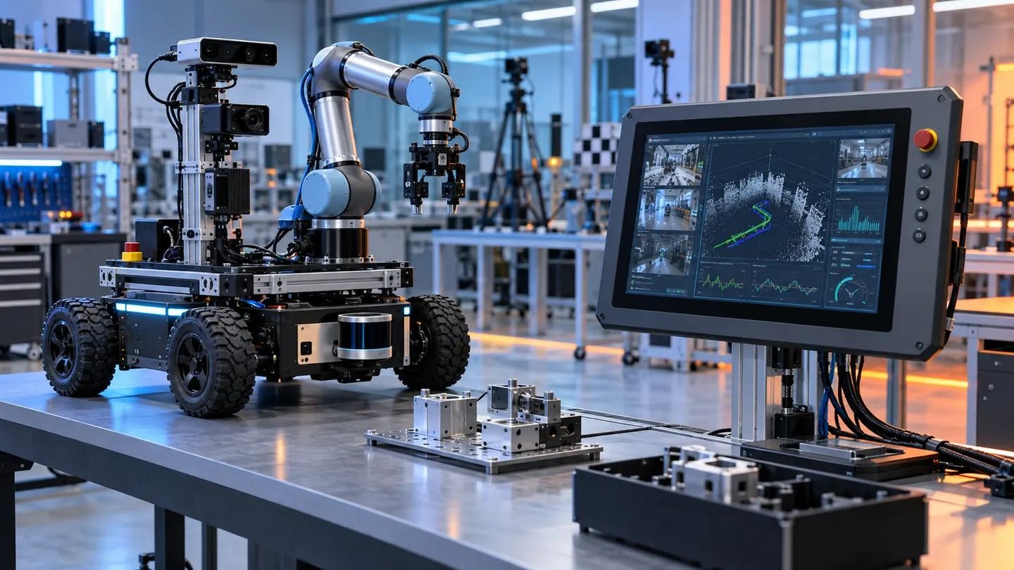 Industrial panel PC connected to a future embodied AI robotics prototype in a laboratory