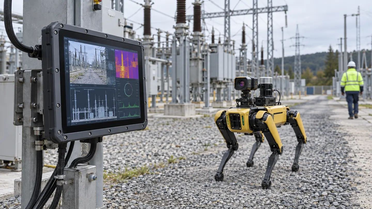 Rugged industrial panel PC supporting a quadruped inspection robot at an electrical facility