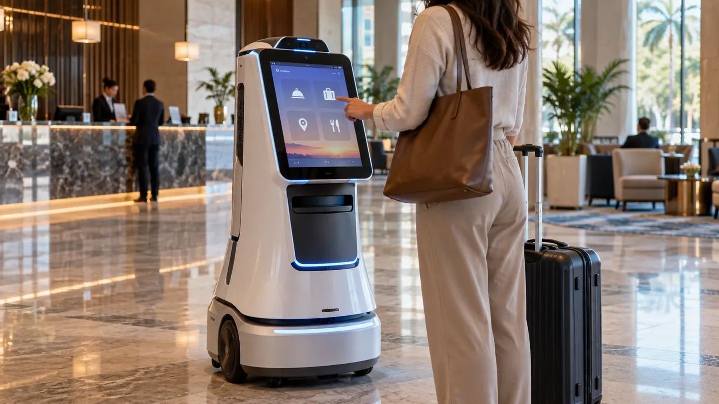 Service robot using an embedded touchscreen interface in a hotel lobby
