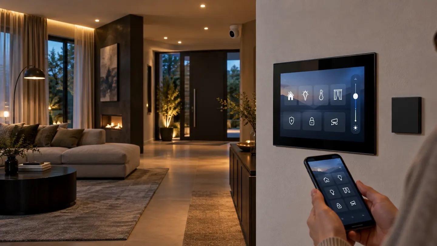 Wall-mounted industrial touchscreen and mobile app controlling a smart home