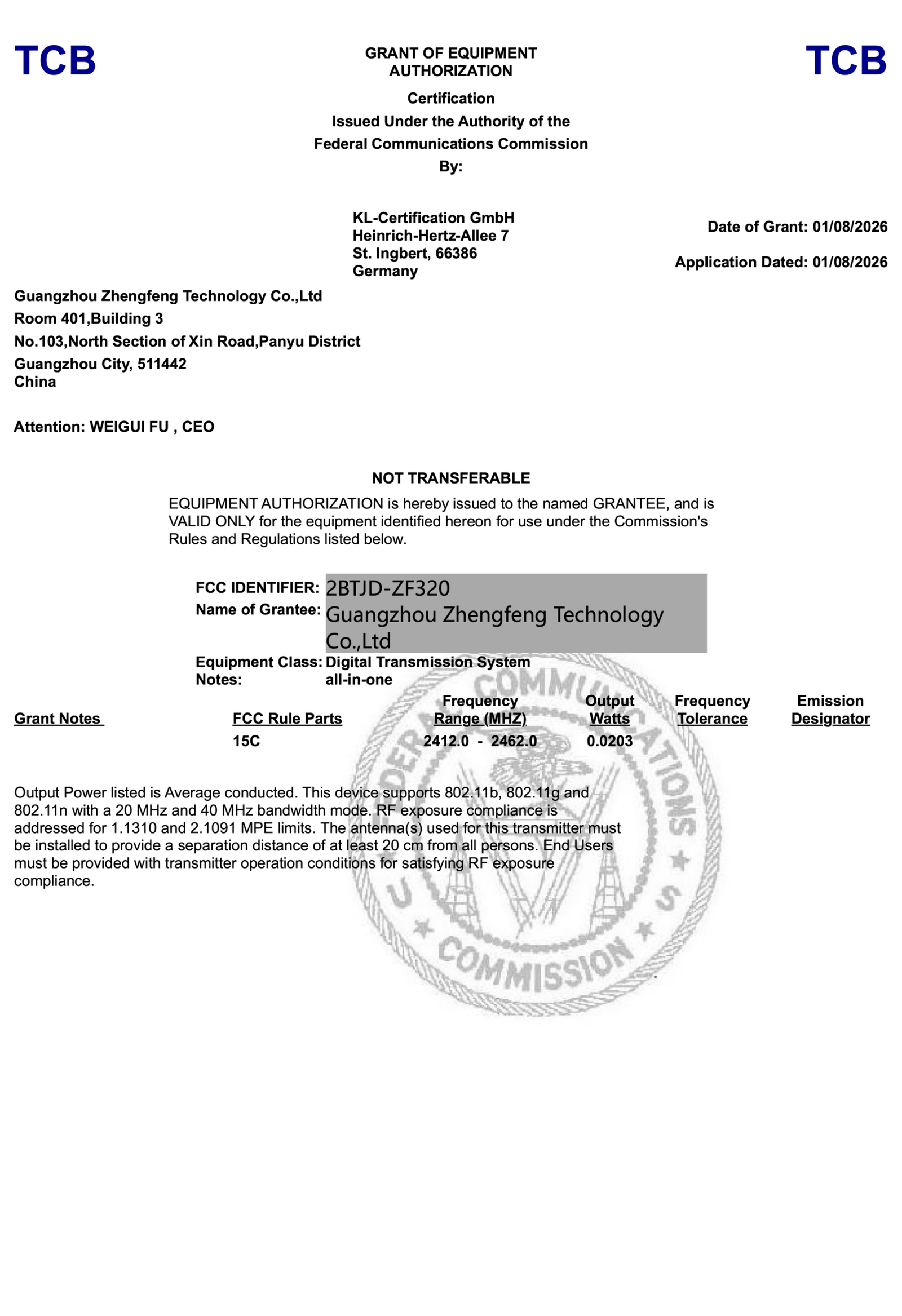 FCC grant for ZhengFeng ZF320